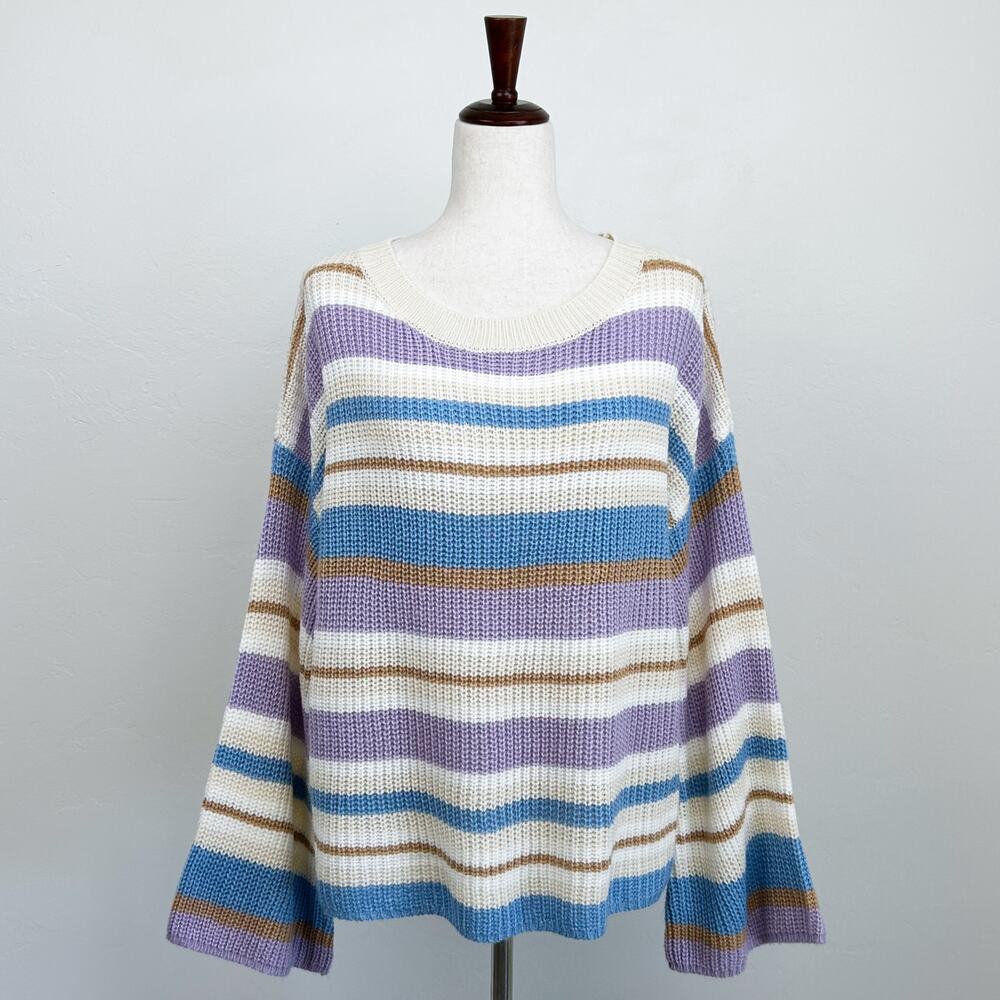 Fashion Nova Lavender Retro Stripe Wide Bell Sleeve Rib Knit Sweater MEDIUM